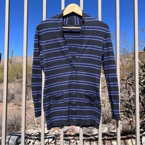 ⬇️💲BANANA REPUBLIC Women’s Cardigan  M Dark Charcoal Grey W/Purple Stripes